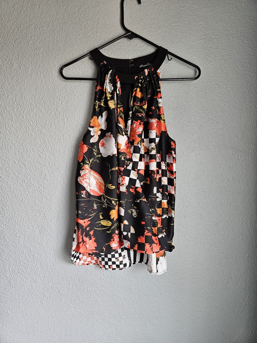 Kenneth Cole Black Floral Halter Top with Orange and White Accents